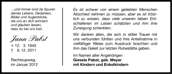 Traueranzeige von Jann Pabst von Ostfriesischer Kurier