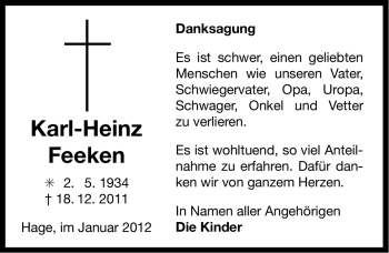 Traueranzeige von Karl-Heinz Feeken von Ostfriesischer Kurier