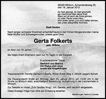Traueranzeige von Gerta Folkerts von Ostfriesischer Kurier