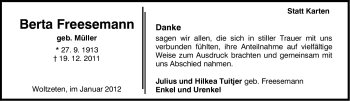 Traueranzeige von Berta Freesemann von Ostfriesischer Kurier