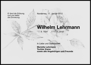 Traueranzeige von Wilhelm Lehrmann von Ostfriesischer Kurier
