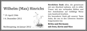 Traueranzeige von Wilhelm (Max) Hinrichs von Ostfriesischer Kurier