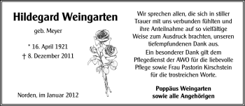 Traueranzeige von Hildegard Weingarten von Ostfriesischer Kurier