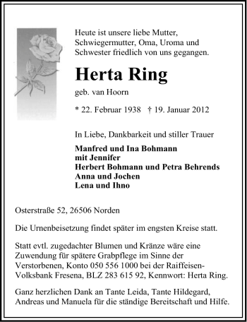 Traueranzeige von Herta Ring von Ostfriesischer Kurier