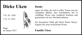 Traueranzeige von Dieke Uken von Ostfriesischer Kurier