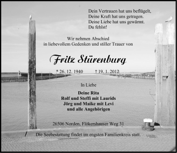 Traueranzeige von Fritz Stürenburg von Ostfriesischer Kurier