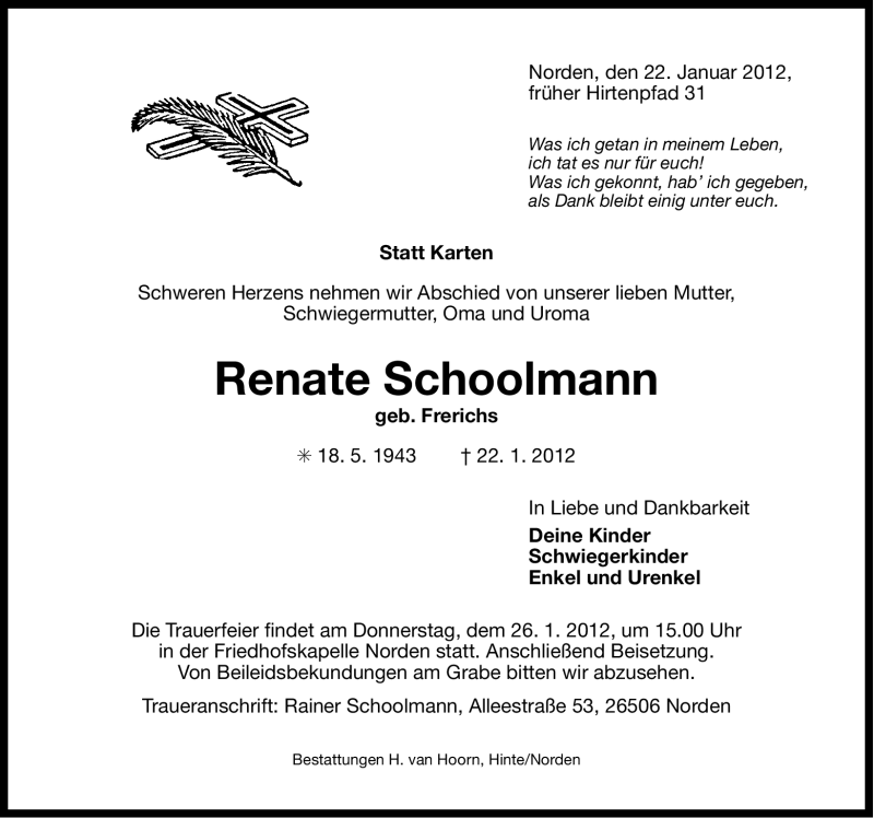 Traueranzeige für Renate Schoolmann vom 24.01.2012 aus Ostfriesischer Kurier