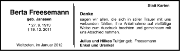 Traueranzeige von Berta Freesemann von Ostfriesischer Kurier
