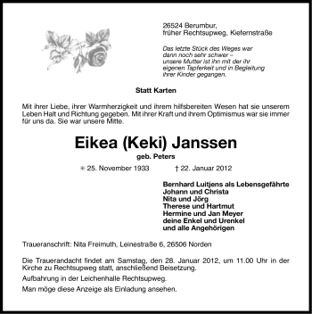 Traueranzeige von Eikea (Keki) Janssen von Ostfriesischer Kurier