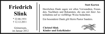 Traueranzeige von Friedrich Slink von Ostfriesischer Kurier