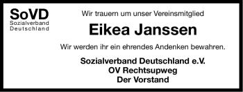 Traueranzeige von Eikea (Keki) Janssen von Ostfriesischer Kurier