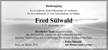 Traueranzeige von Fred Sülwald von Ostfriesischer Kurier