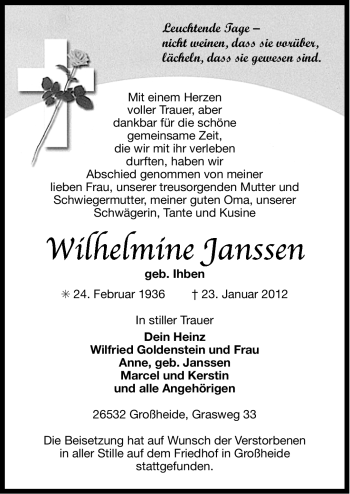 Traueranzeige von Wilhelmine Janssen von Ostfriesischer Kurier