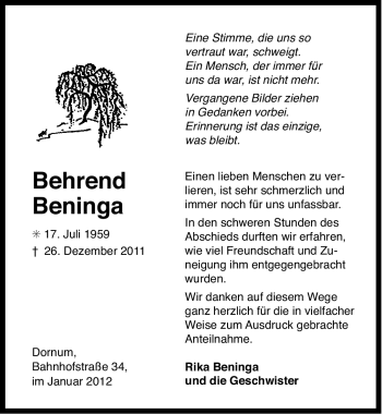 Traueranzeige von Behrend Beninga von Ostfriesischer Kurier