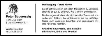Traueranzeige von Peter Saueressig von Ostfriesischer Kurier