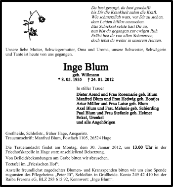 Traueranzeige von Inge Blum von Ostfriesischer Kurier