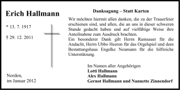 Traueranzeige von Erich Hallmann von Ostfriesischer Kurier