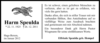 Traueranzeige von Harm Speulda von Ostfriesischer Kurier