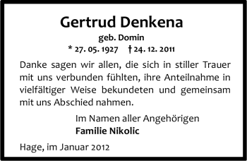 Traueranzeige von Gertrud Denkena von Ostfriesischer Kurier