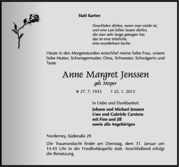 Traueranzeige von Anne Margret Jenssen von Ostfriesischer Kurier