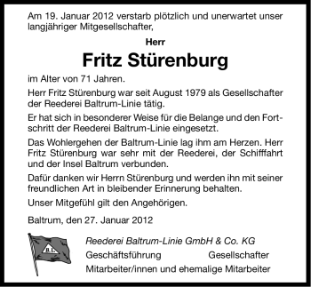 Traueranzeige von Fritz Stüenburg von Ostfriesischer Kurier