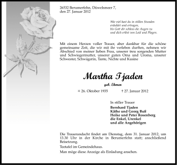 Traueranzeige von Martha Tjaden von Ostfriesischer Kurier