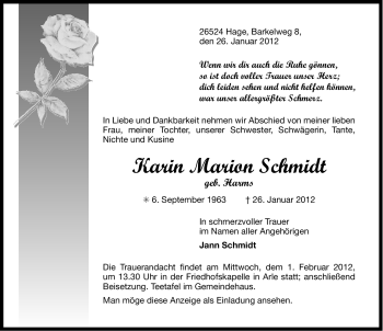 Traueranzeige von Karin Marion Schmidt von Ostfriesischer Kurier
