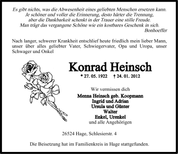 Traueranzeige von Konrad Heinsch von Ostfriesischer Kurier