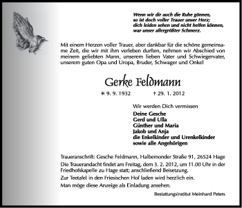 Traueranzeige von Gerke Feldmann von Ostfriesischer Kurier