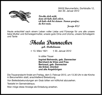 Traueranzeige von Theda Dannecker von Ostfriesischer Kurier