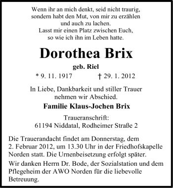 Traueranzeige von Dorothea Brix von Ostfriesischer Kurier