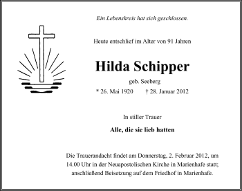 Traueranzeige von Hilda Schipper von Ostfriesischer Kurier