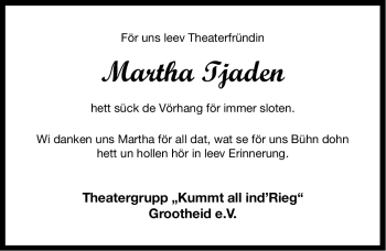 Traueranzeige von Martha Tjaden von Ostfriesischer Kurier