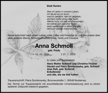 Traueranzeige von Anna Schmoll von Ostfriesischer Kurier