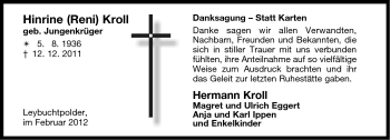 Traueranzeige von Hinrine (Reni) Kroll von Ostfriesischer Kurier