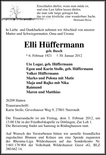 Traueranzeige von Elli Hüffermann von Ostfriesischer Kurier