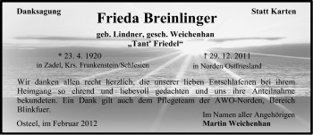 Traueranzeige von Frieda Breinlinger von Ostfriesischer Kurier