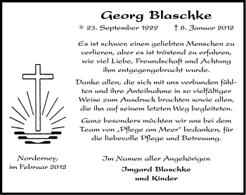 Traueranzeige von Georg Blaschke von Ostfriesischer Kurier
