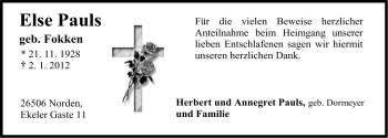 Traueranzeige von Else Pauls von Ostfriesischer Kurier