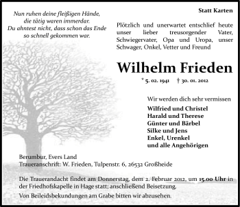 Traueranzeige von Wilhelm Frieden von Ostfriesischer Kurier
