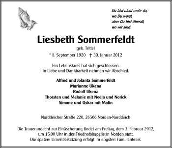 Traueranzeige von Liesbeth Sommerfeldt von Ostfriesischer Kurier