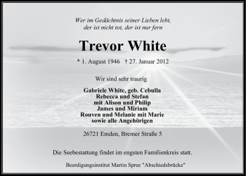 Traueranzeige von Trevor White von Ostfriesischer Kurier