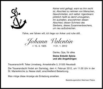 Traueranzeige von Johann Valentin von Ostfriesischer Kurier