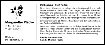 Traueranzeige von Margarethe Placke von Ostfriesischer Kurier