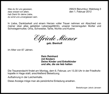 Traueranzeige von Elfriede Miener von Ostfriesischer Kurier