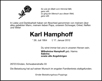 Traueranzeige von Karl Hamphoff von Ostfriesischer Kurier