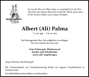 Traueranzeige von Albert (Ali) Palma von Ostfriesischer Kurier