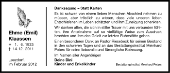 Traueranzeige von Ehme (Emil) Klaassen von Ostfriesischer Kurier