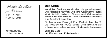 Traueranzeige von Theda de Boer von Ostfriesischer Kurier