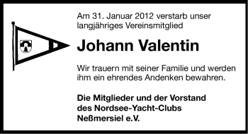 Traueranzeige von Johann Valentin von Ostfriesischer Kurier